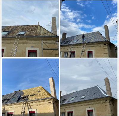 Travaux de couverture, remise à niveau installation d’un écran sous toiture, liteaunage de toute la toiture et remplacement des ardoises et remplacement des zinguerie