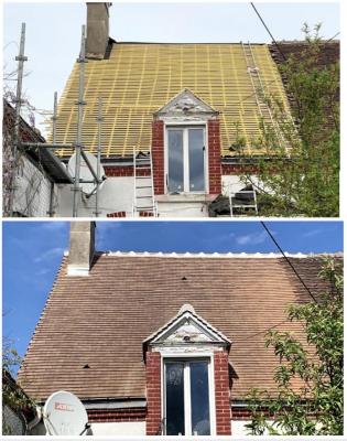 Travaux de couverture, remise à niveau, Liteaunage complet, remplacement des tuiles, plates et cimentation, de la faîtière et pieds de cheminée